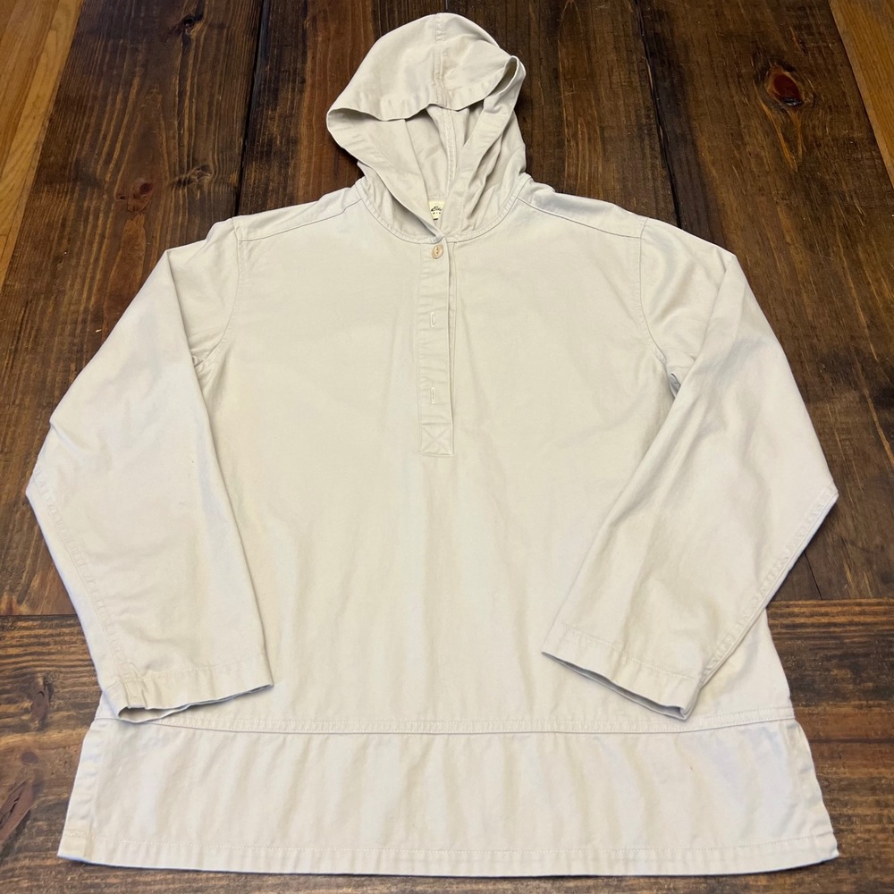 Eddie Bauer Mens Small Beige 100% Cotton Hooded Pullover Button Placket Anorak